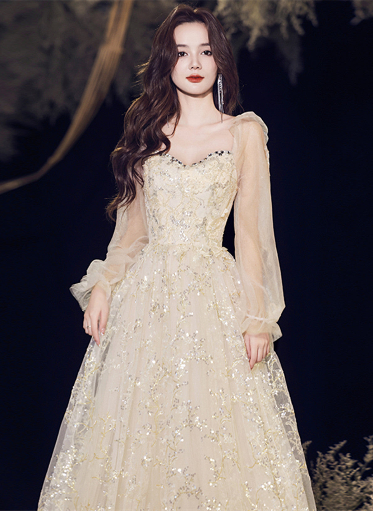 A-line Champagne Tulle Long Evening Dress Party Dress, Champagne Prom Dress
