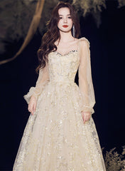 A-line Champagne Tulle Long Evening Dress Party Dress, Champagne Prom Dress