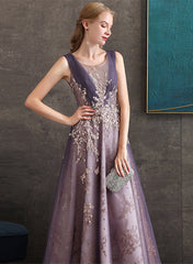 A-line Purple Tulle with Lace Applique Long Formal Dress, Purple Bridesmaid Dress