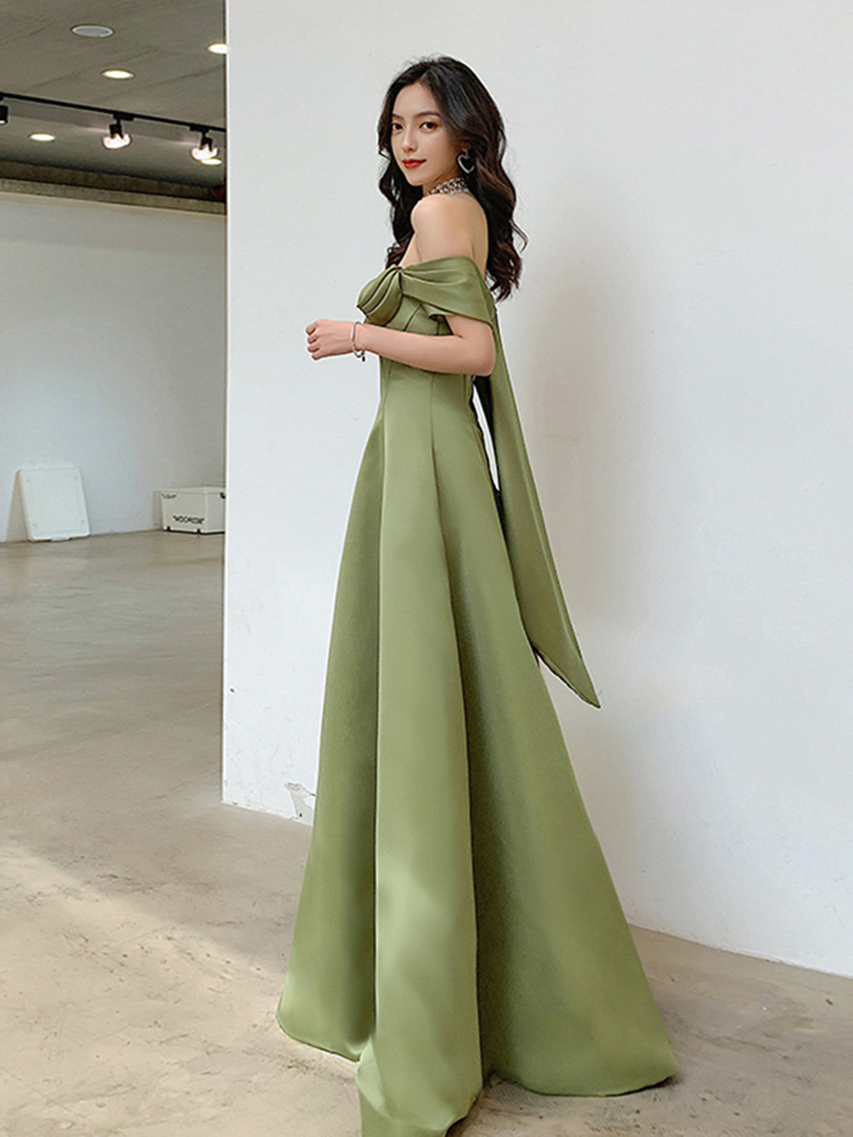 A-line Green Satin Off Shoulder Long Party Dress, Green Floor Length Evening Dress Prom Dress