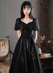 Black A-line Short Sleeves Tulle Long Formal Dress, Black Evening Dress Prom Dress