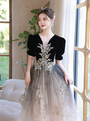 Black Gradient Tulle and Velvet Short Sleeves Party Dress, A-line Tulle Long Formal Dress