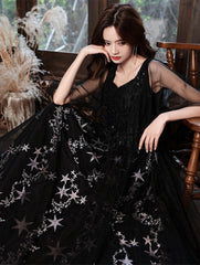 Black Beaded Straps A-line Floor Length Party Dress, Black Tulle Long Prom Dress
