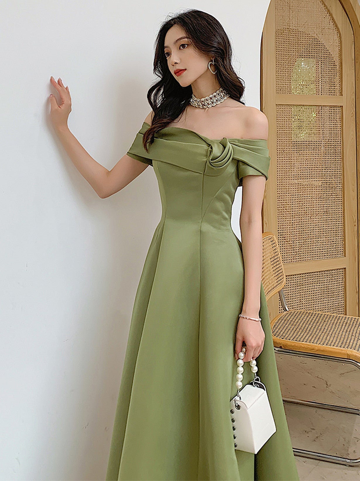 A-line Green Satin Off Shoulder Long Party Dress, Green Floor Length Evening Dress Prom Dress