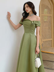 A-line Green Satin Off Shoulder Long Party Dress, Green Floor Length Evening Dress Prom Dress