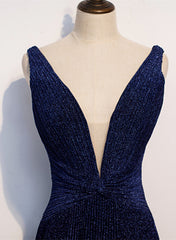 A-line Navy Blue V-neckline Long Party Dress, Navy Blue Long Prom Dress