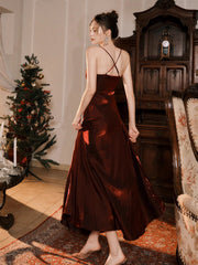 A-line Straps Satin Wine Red Long Party Dress with Sleeves, Wine Red Formal Dress