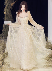 A-line Champagne Tulle Long Evening Dress Party Dress, Champagne Prom Dress