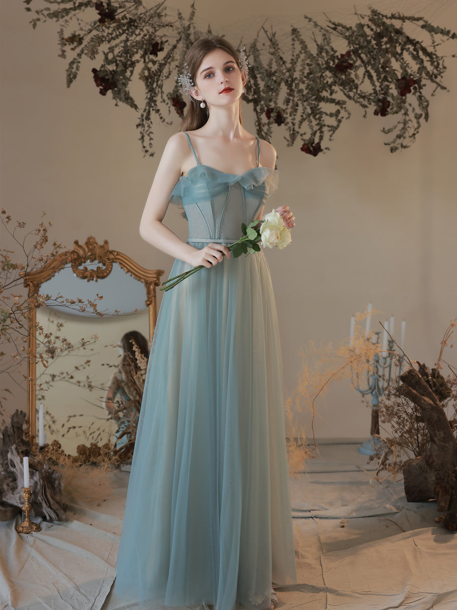 A-line Tulle Sweetheart Long Party Dress, Simple Straps Prom Dress