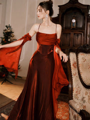 A-line Straps Satin Wine Red Long Party Dress with Sleeves, Wine Red Formal Dress