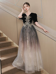 Black Gradient Tulle and Velvet Short Sleeves Party Dress, A-line Tulle Long Formal Dress