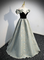 A-line Blue Grey Satin Sweetheart Off Shoulder Prom Dress, Long Evening Dress