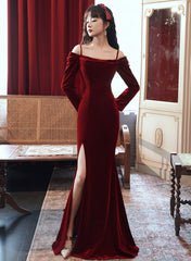Beautiful Wine Red Velvet Off Shoulder Party Dress, Mermaid Long Prom Dress Evening Dress