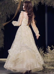 A-line Champagne Tulle Long Evening Dress Party Dress, Champagne Prom Dress