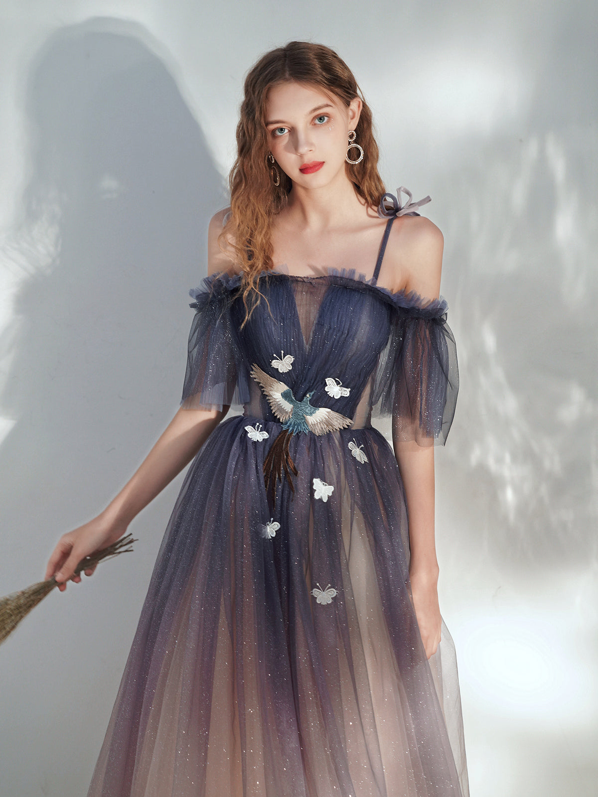 Beautiful Gradient Tulle Off Shoulder with Butterflies, A-line Simple Long Prom Dress
