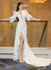 Beautiful White Puffy Sleeves Long Party Dress with Leg Slit, White Wedding Party Dress