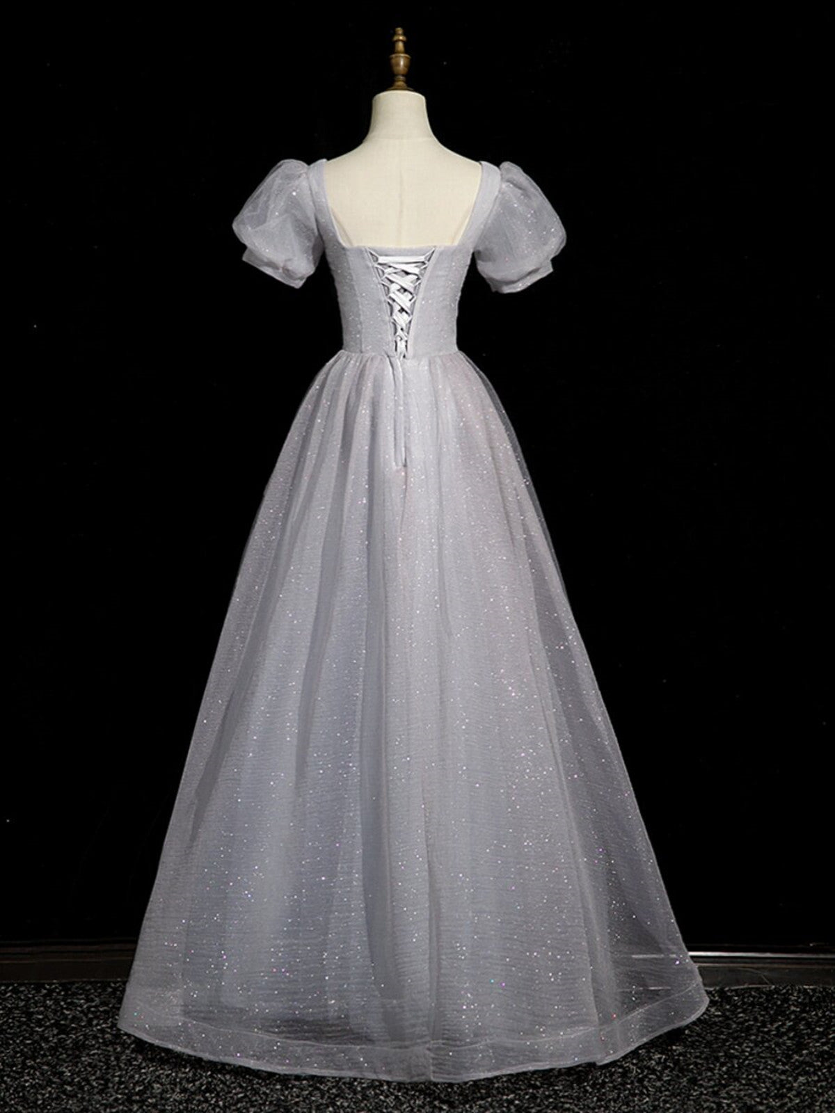 A-line Light Grey Short Sleeves Long Party Dress, Sweetheart Chic Prom Dress Evening Dress