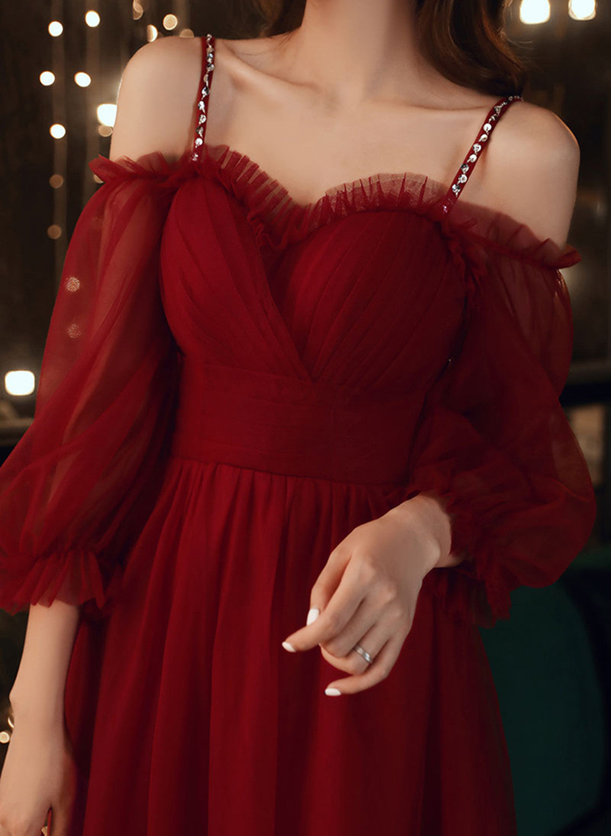 A-line Wine Red Beaded Straps Tulle Prom Dress, Wine Red Long Evening Dress