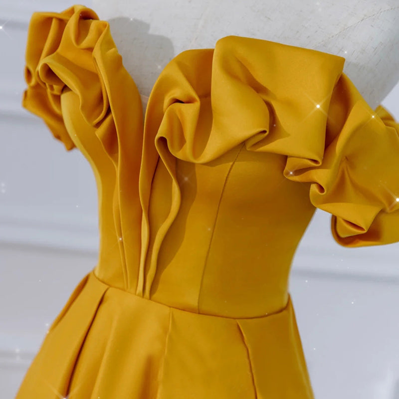 Beautiful Satin Dark Yellow Off Shoulder Party Dress, A-line Satin Prom Dress