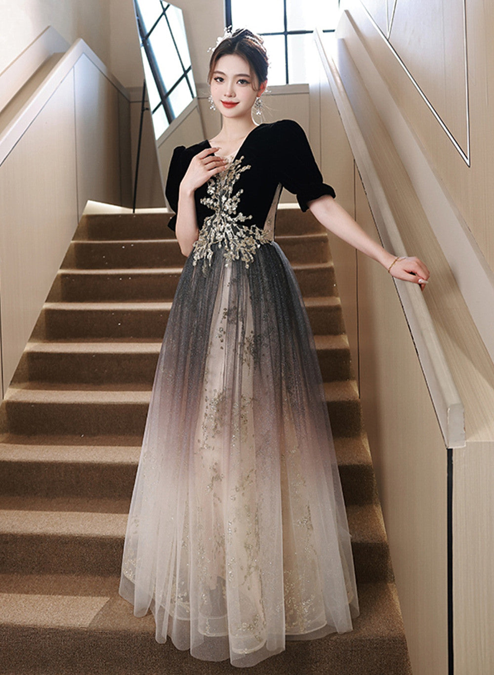 Black Gradient Tulle and Velvet Short Sleeves Party Dress, A-line Tulle Long Formal Dress