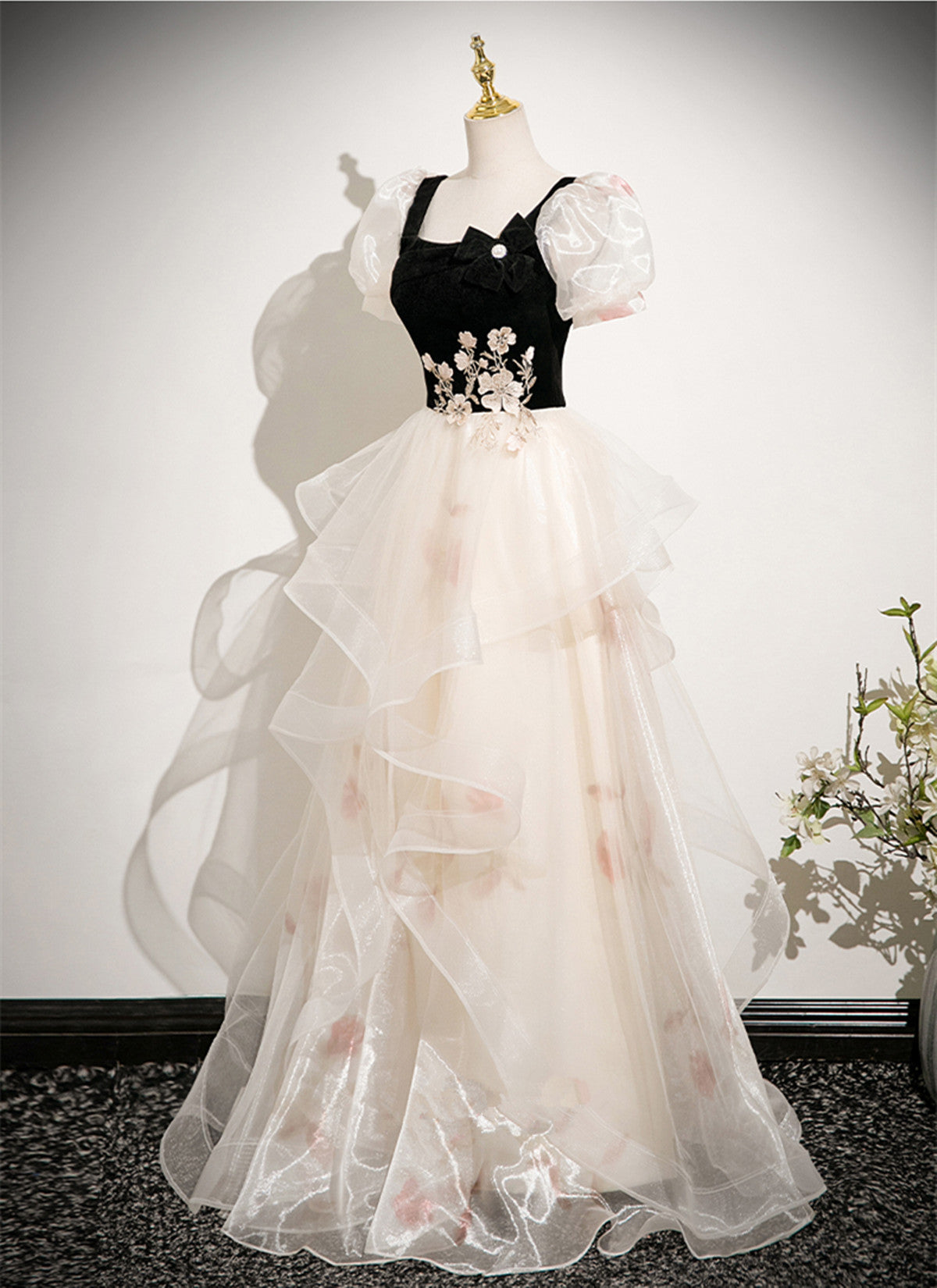 A-line Tulle and Velvet Short Sleeves Party Dress, Long Tulle Scoop Evening Dress