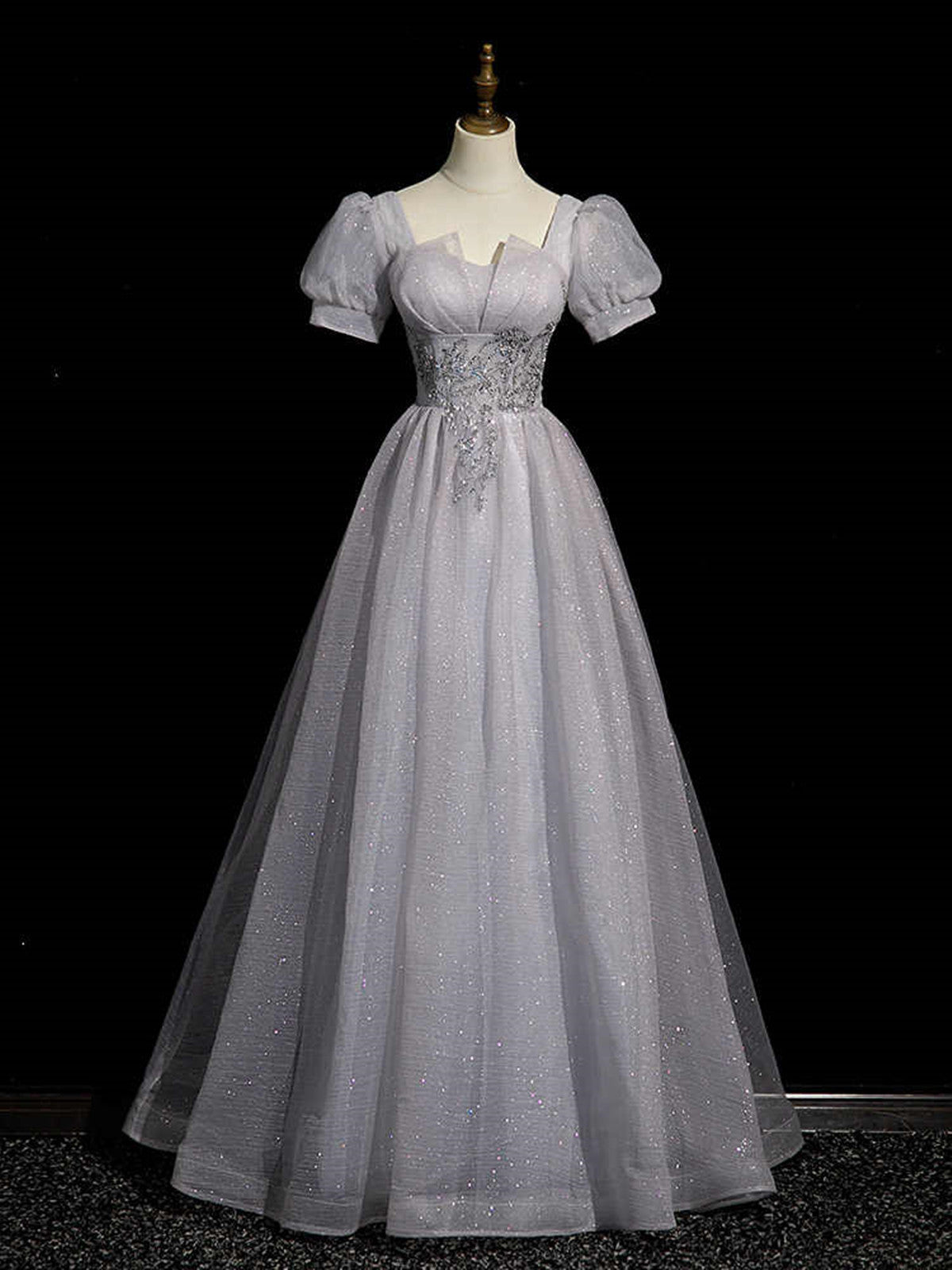 A-line Light Grey Short Sleeves Long Party Dress, Sweetheart Chic Prom Dress Evening Dress