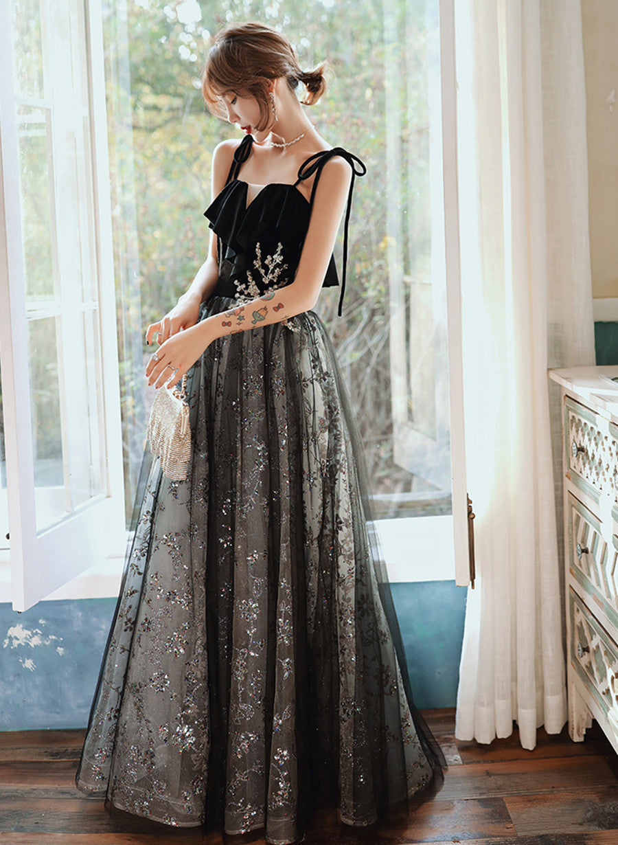Black A-line Tulle Straps Long Party Dress, A-line Black Formal Dress Prom Dress