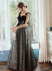 Black A-line Tulle Straps Long Party Dress, A-line Black Formal Dress Prom Dress