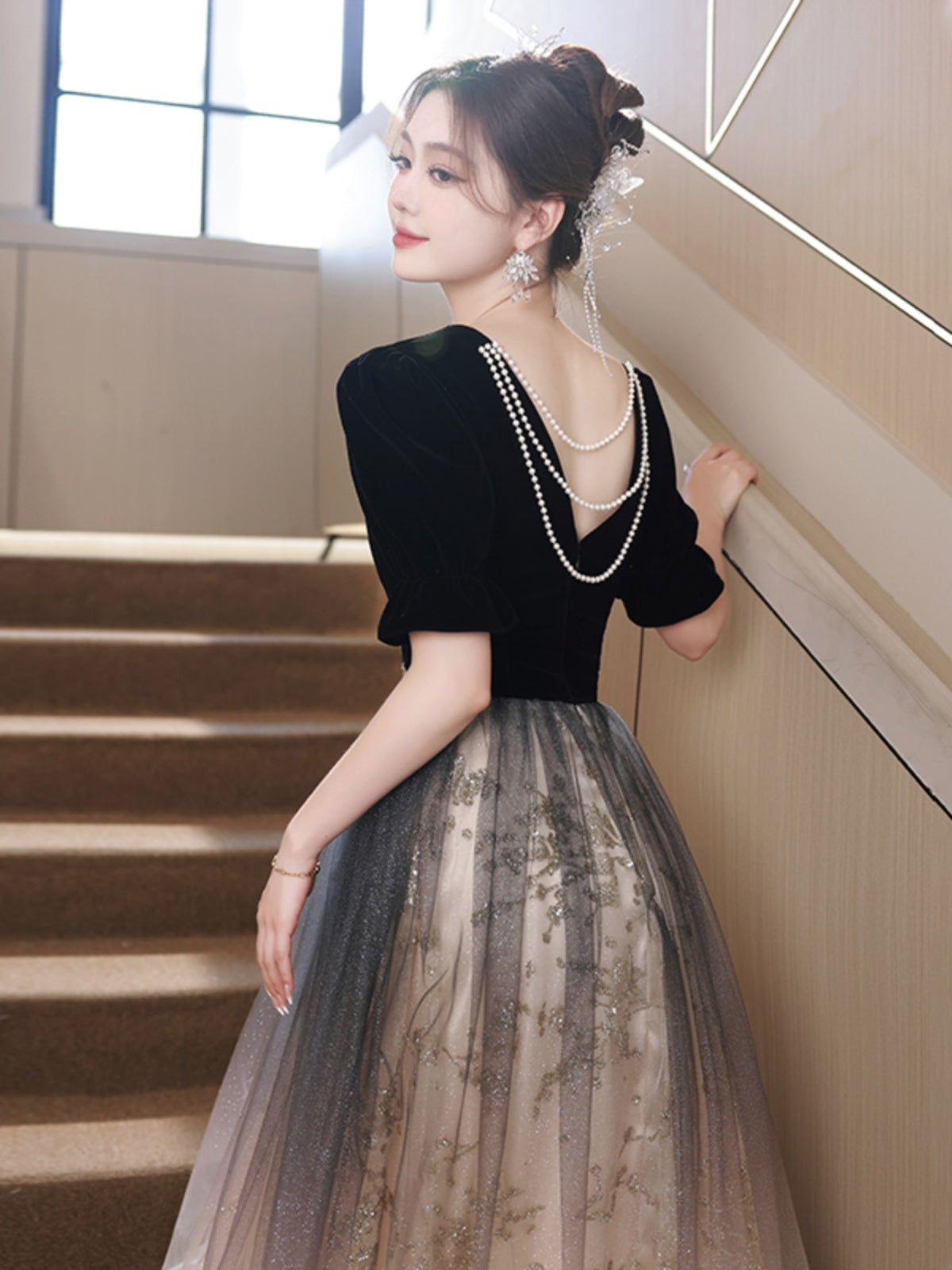Black Gradient Tulle and Velvet Short Sleeves Party Dress, A-line Tulle Long Formal Dress