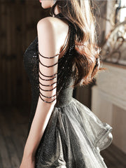 Black Halter Sequins and Tulle Long Party Dress, Black Chic Party Dress Prom Dress