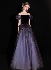 A-line Purple Short Sleeves Tulle and Velvet Long Prom Dress, Long Party Dress