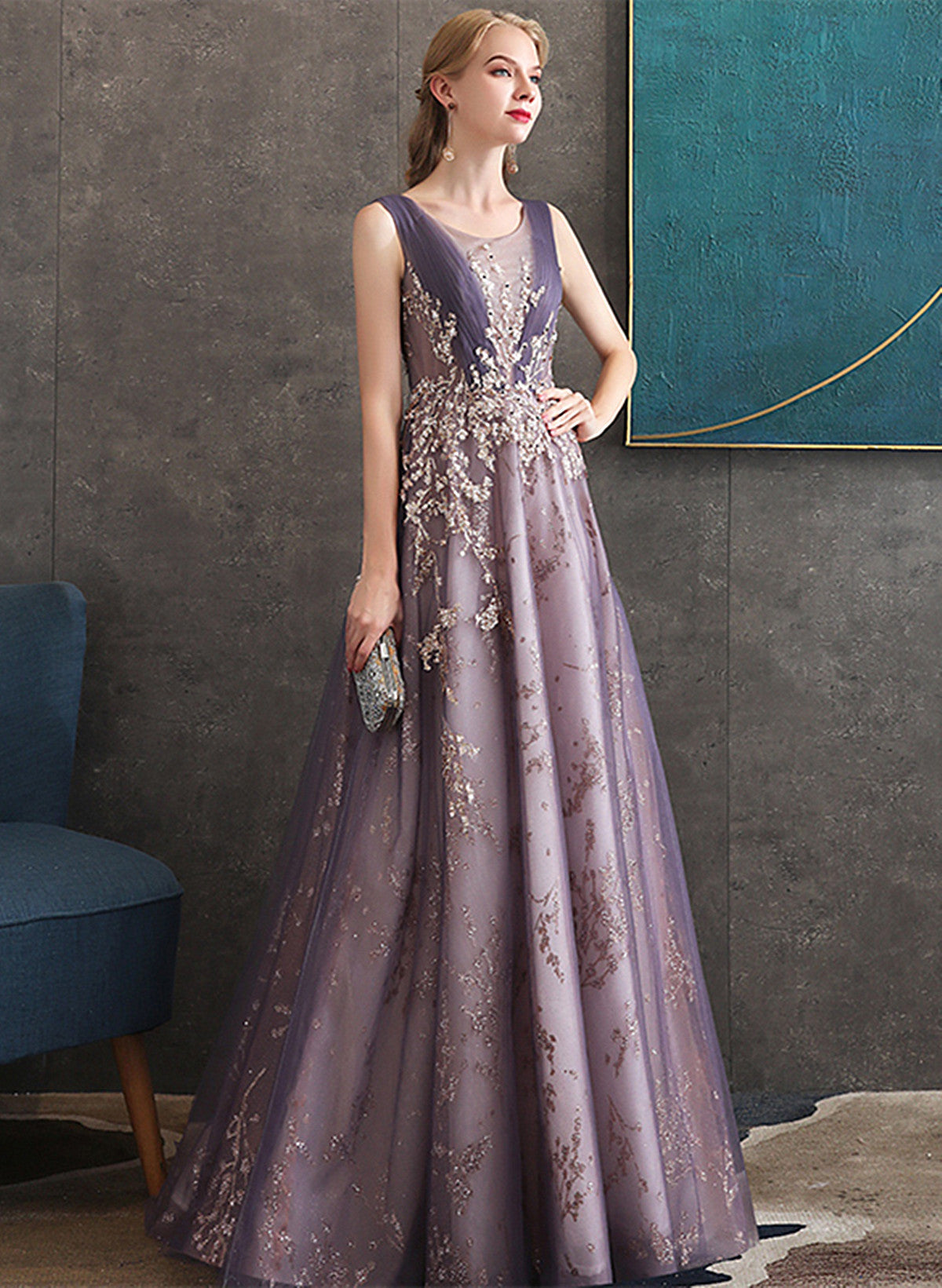 A-line Purple Tulle with Lace Applique Long Formal Dress, Purple Bridesmaid Dress