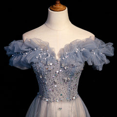 Beautiful Off Shoulder Puffy Sleeves Beaded Party Dress Prom Dress, Blue Evening Gown