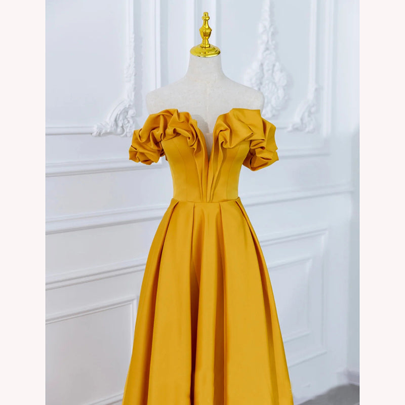 Beautiful Satin Dark Yellow Off Shoulder Party Dress, A-line Satin Prom Dress