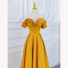 Beautiful Satin Dark Yellow Off Shoulder Party Dress, A-line Satin Prom Dress