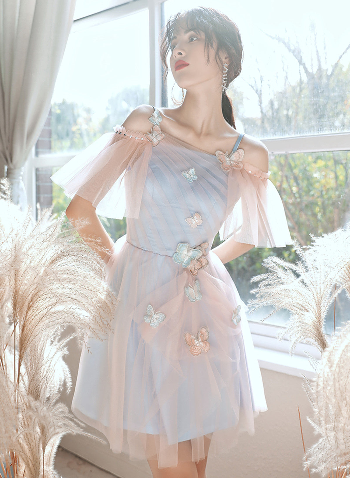 A-line Lovely Pink and Blue Short Tulle Party Dress, Short Homecoming Dress Prom Dress