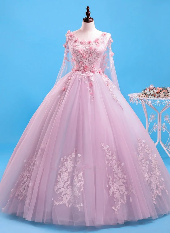 Beautiful Pink Flowers Long Formal Dresses, Pink Sweet 16 Gown Party Dresses