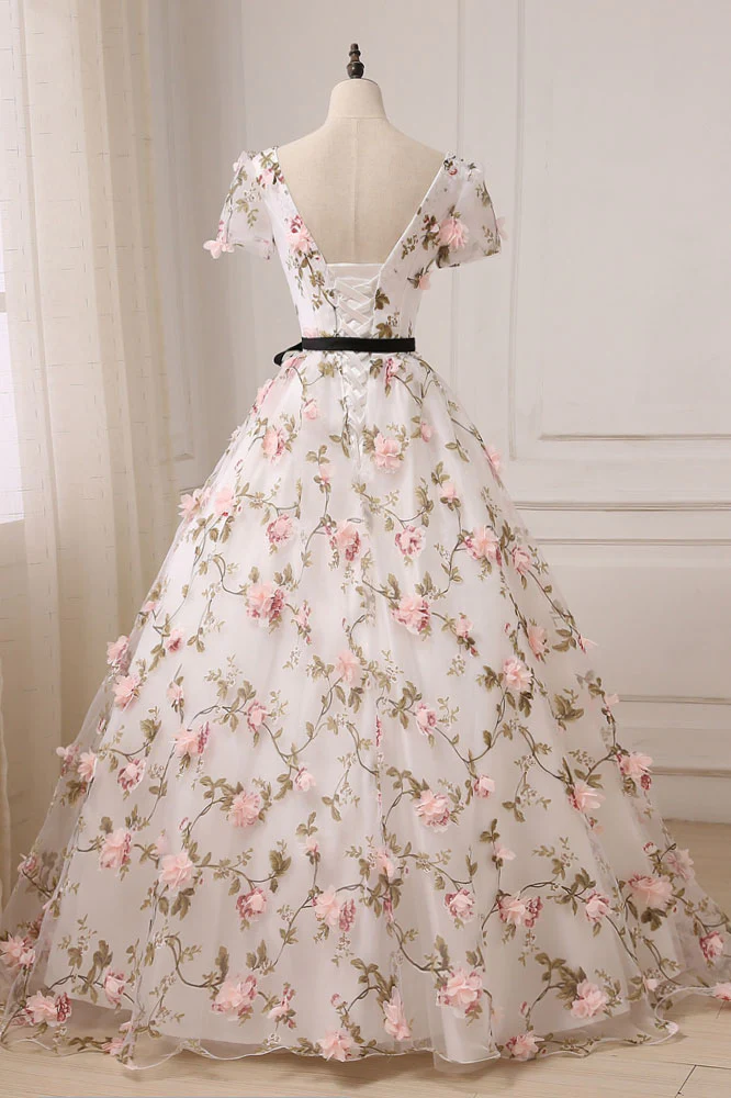Beautiful Ivory Lace Long Wedding Party Dress, Short Sleeves Formal Dress