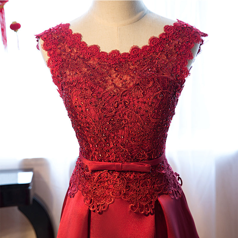 Beautiful Dark Red Lace Long Junior Prom Dress, Lace Top Party Dress