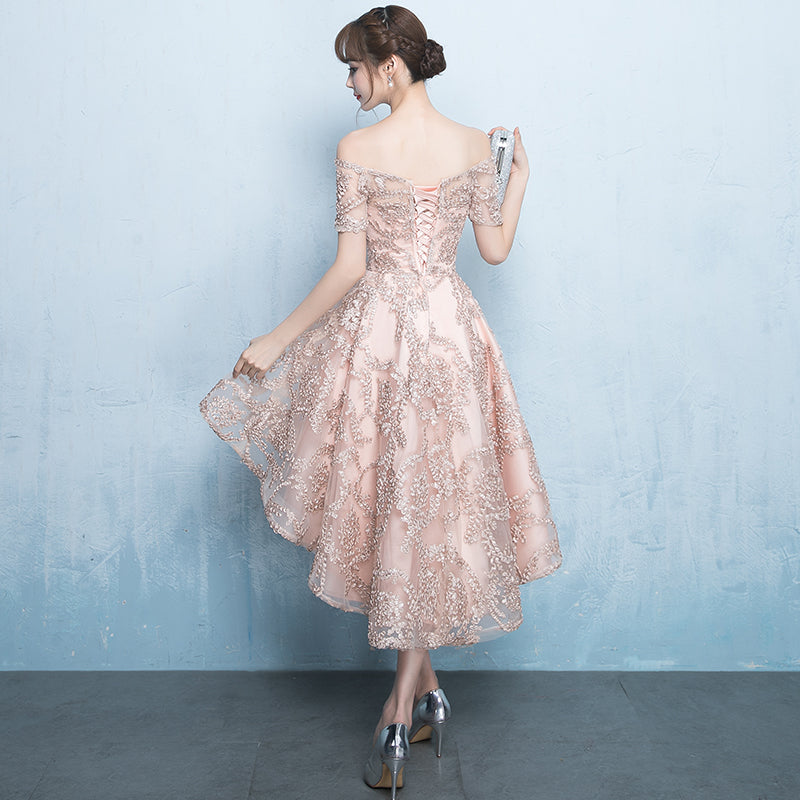 Beautiful Champagne High Low Lace Homecoming Dress, Off Shoulder Prom Dress