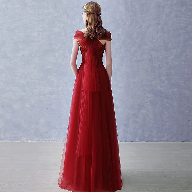 A-line Wine Red Tulle Beaded Long Party Dresses Formal Dress, Dark Red Beaded Party Dresses