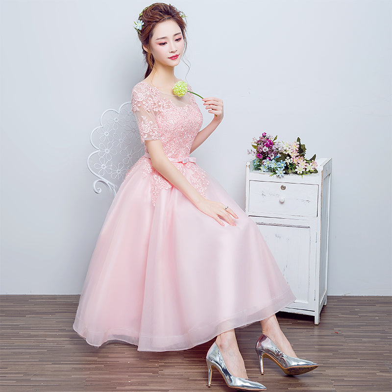 Beautiful Pink Tulle Tea Length Bridesmaid Dresses, Tulle with Lace Party Dresses