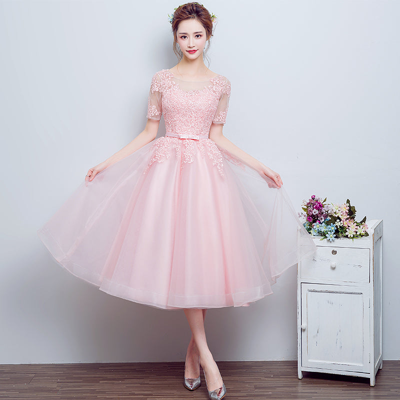 Beautiful Pink Tulle Tea Length Bridesmaid Dresses, Tulle with Lace Party Dresses