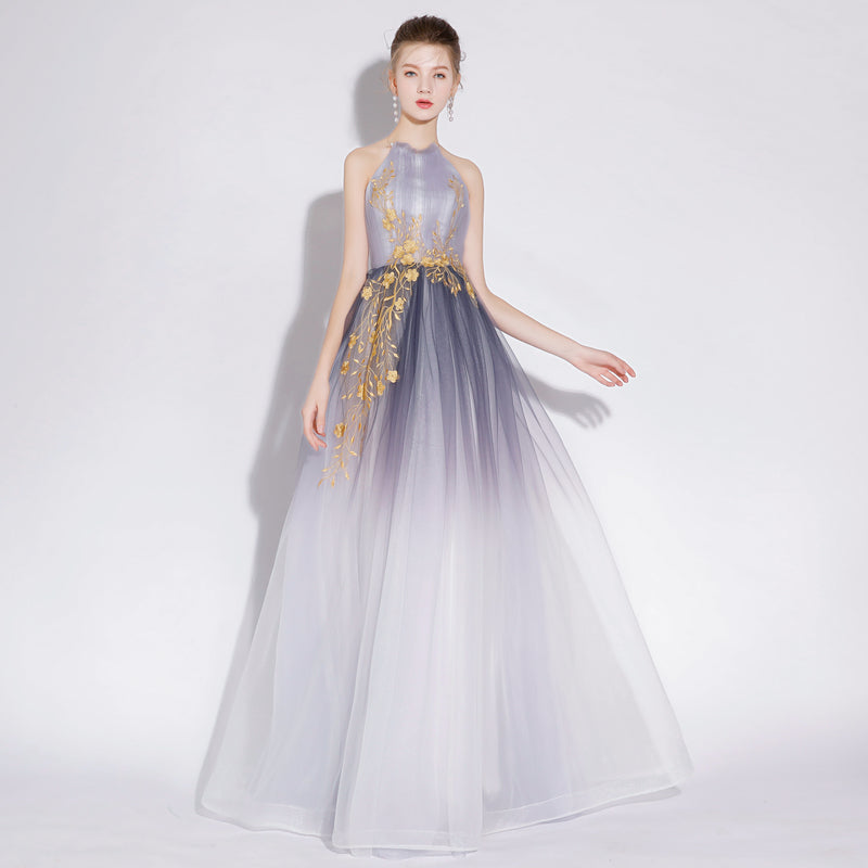 Beautiful Gradient Tulle Long Halter A-line Prom Dress, Charming Flowers Chic Formal Dress
