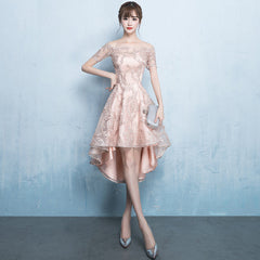 Beautiful Champagne High Low Lace Homecoming Dress, Off Shoulder Prom Dress