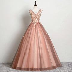 Beautiful V-neckline Tulle Ball Gown Pink Sweet 16 Dresses, Ball Gown Lace Applique Quinceanera Dress