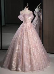 A-line Pink Off Shoulder Sweetheart Lace and Tulle Prom Dress, Pink Party Dress