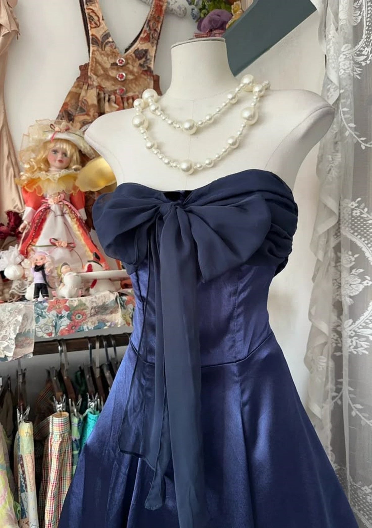 A-line Navy Blue Simple Strapless Long Prom Dress, Navy Blue Floor Length Evening Dress