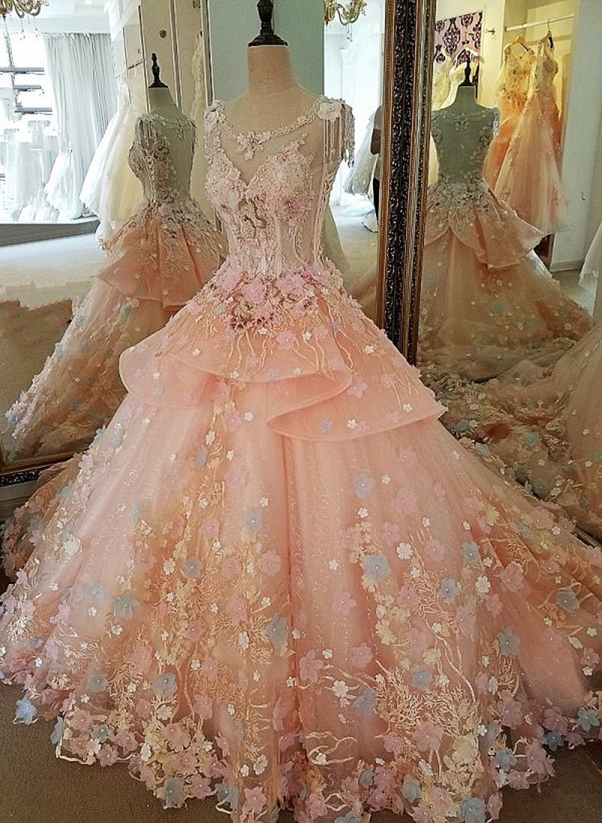 Beautiful Pink Flowers Round Neckline Sweet 16 Dress, Pink Quinceanera Dress