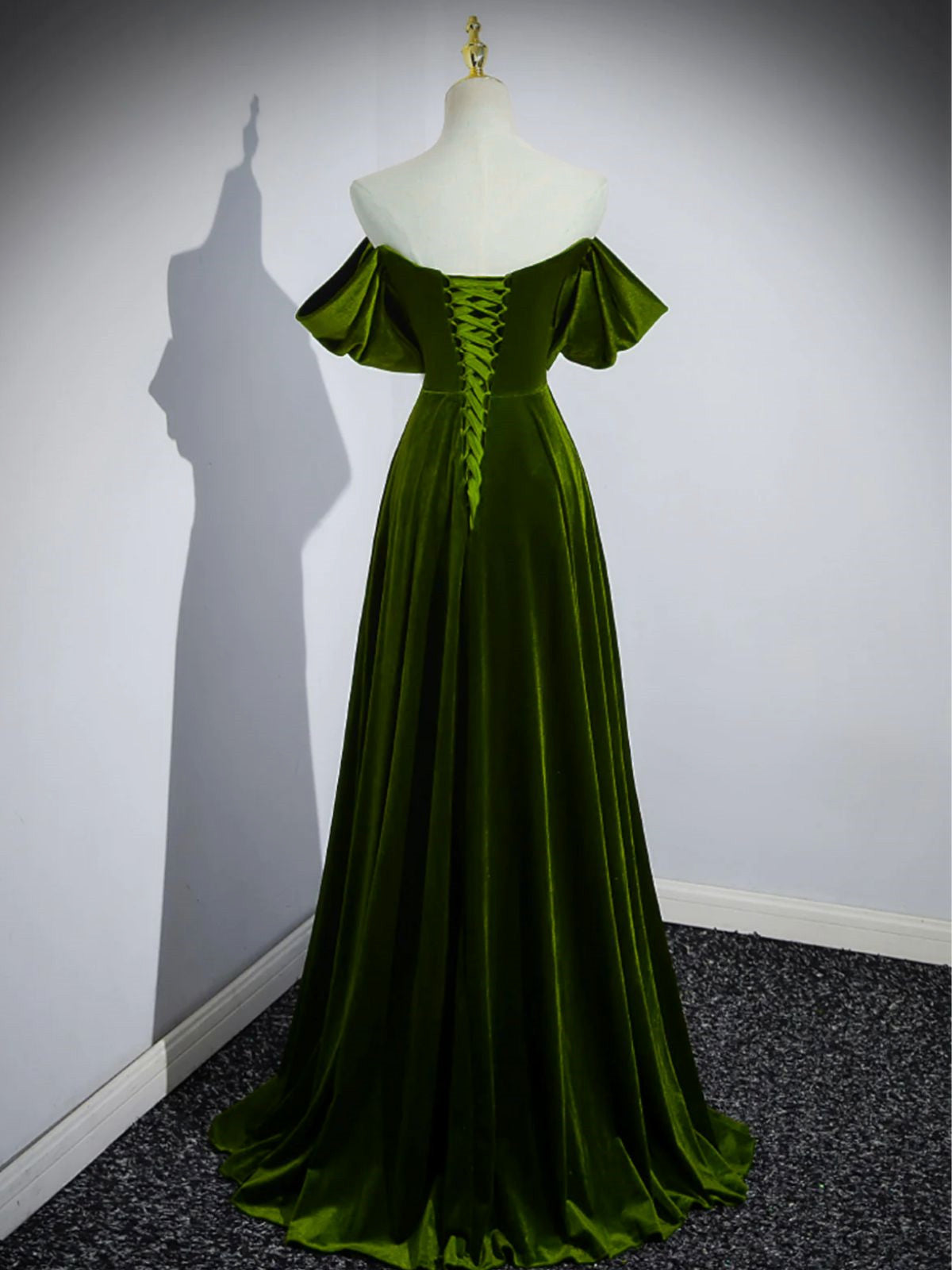 A-line Green Velvet Off Shoulder Prom Dress, Green Velvet Party Dress Evening Dress